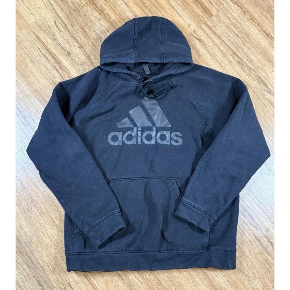 Adidas Mens Large Black Big Logo Pullover Hoodie Sweatshirt Fleece